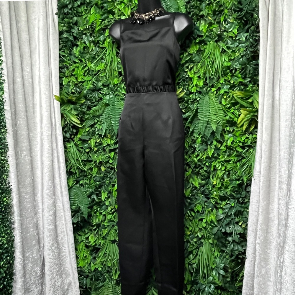 Ted Baker Size 4 US 10 Black Satin Liayla tapered Leg‎ Jumpsuit Square Neck 4045